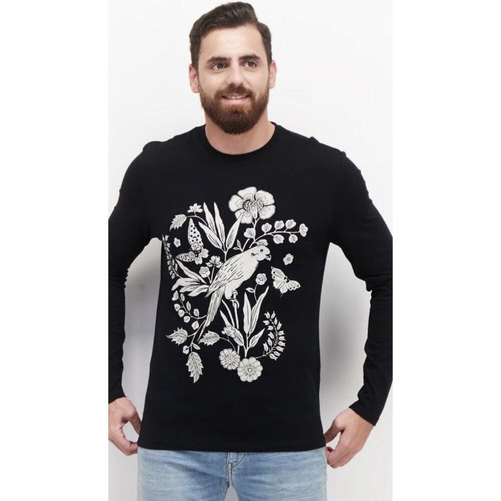 INC INTERNATIONAL CONCEPTS T Shirt Long Sleeves Men’s Medium Black Bird Art NWOT